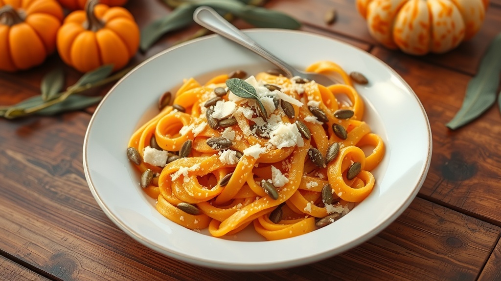 Creamy Pumpkin Pasta with Sage Butter Creamy pumpkin pasta in a bowl topped with sage butter and Parmesan, garnished with pumpkin seeds on a rustic table.